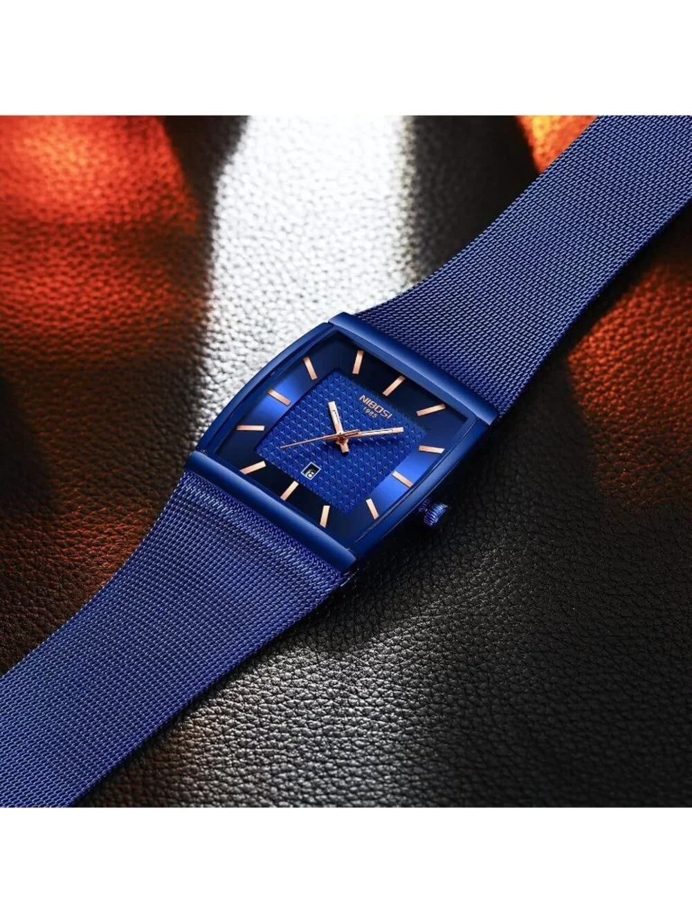 Nibosi Men's Blue Square Analog Quartz Stainless Mesh Strap Waterproof Watch